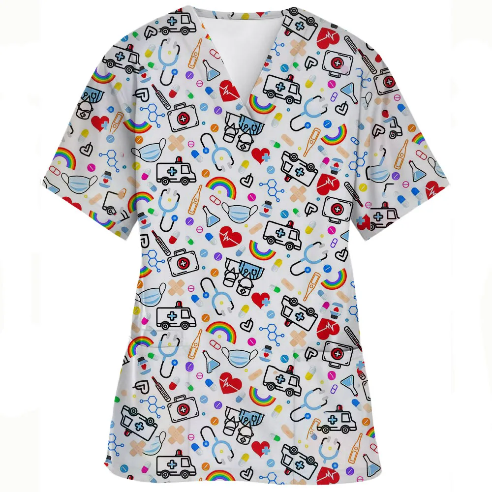 2024 New Fashion Women Nurse Uniform Cartoon 3D Print V-Neck Pocket Medical Uniforms Cartoon Nurse Nursing Scrubs Tops Uniforme