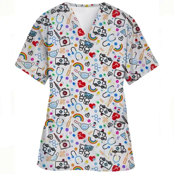 Krankenpflegeuniform, Damen-Arbeitskleidung, OP-Bekleidungsoberteil mit zwei Taschen, Grafikdruck, V-Ausschnitt, medizinische Kurzarm-T-Shirts, Bluse