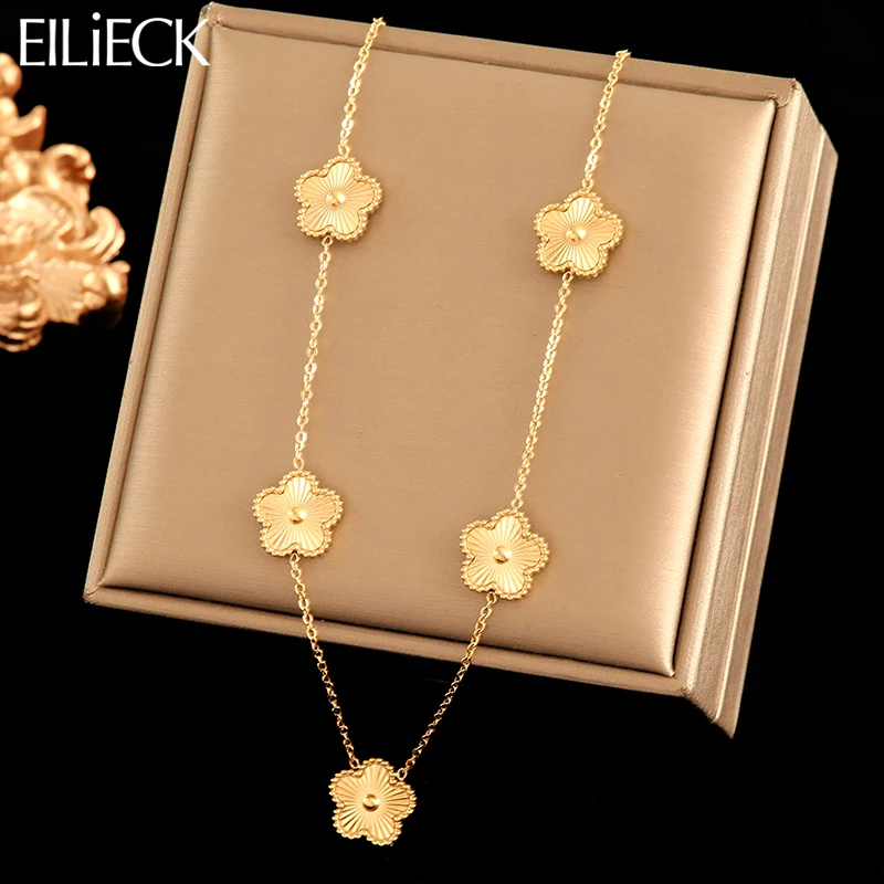 EILIECK 316L Stainless Steel Gold Color 5-Leaf Flower Necklace For Women Fashion New Party Gift Clover Neck Chain Jewelry Collar