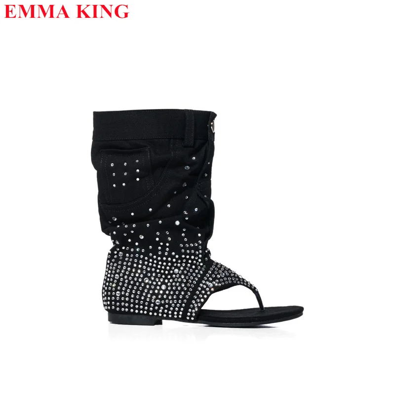 2023 Summer Denim Crystal Sandals Boots Fashion Rhinestone Split Toe Ankle Boots For Women New Designer Flat Short Booties Women