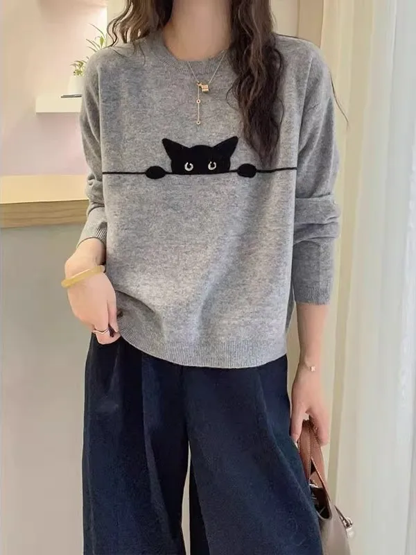 ey Semplice cartone animato ricamato rotondo Ne Maglieria da donna vestibilità ampia autunno inverno nuovo Sle versatile top dimagrante