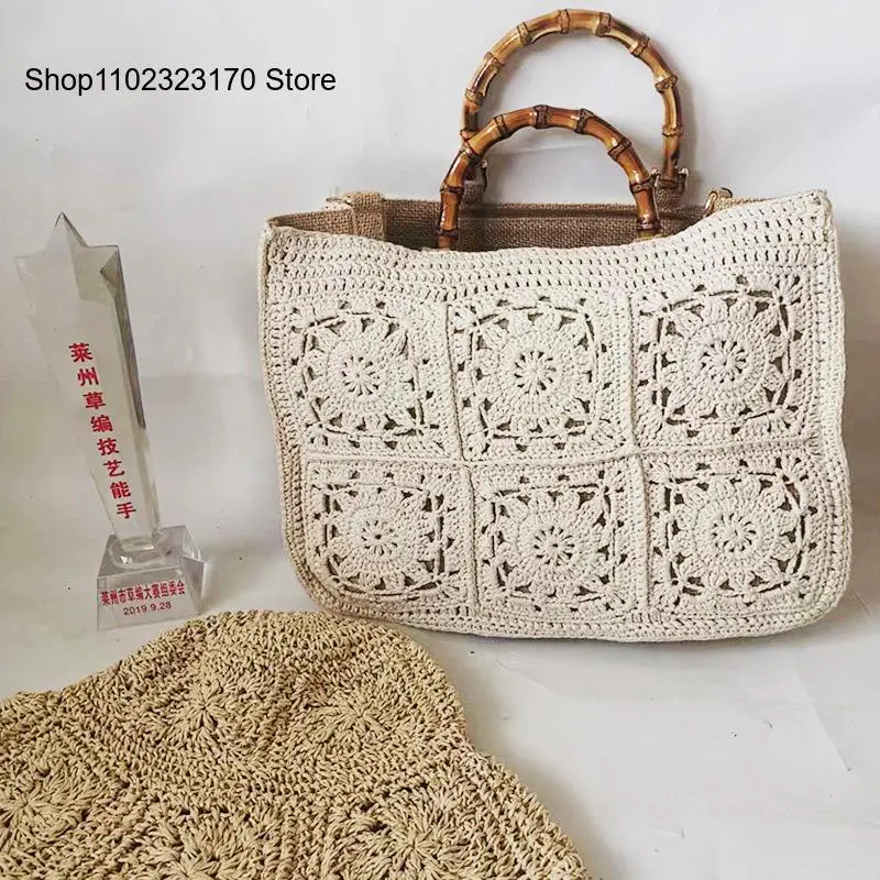 Casual Vacation Beach Crochet Patchwork Hand-Held Cotton Thread Bag