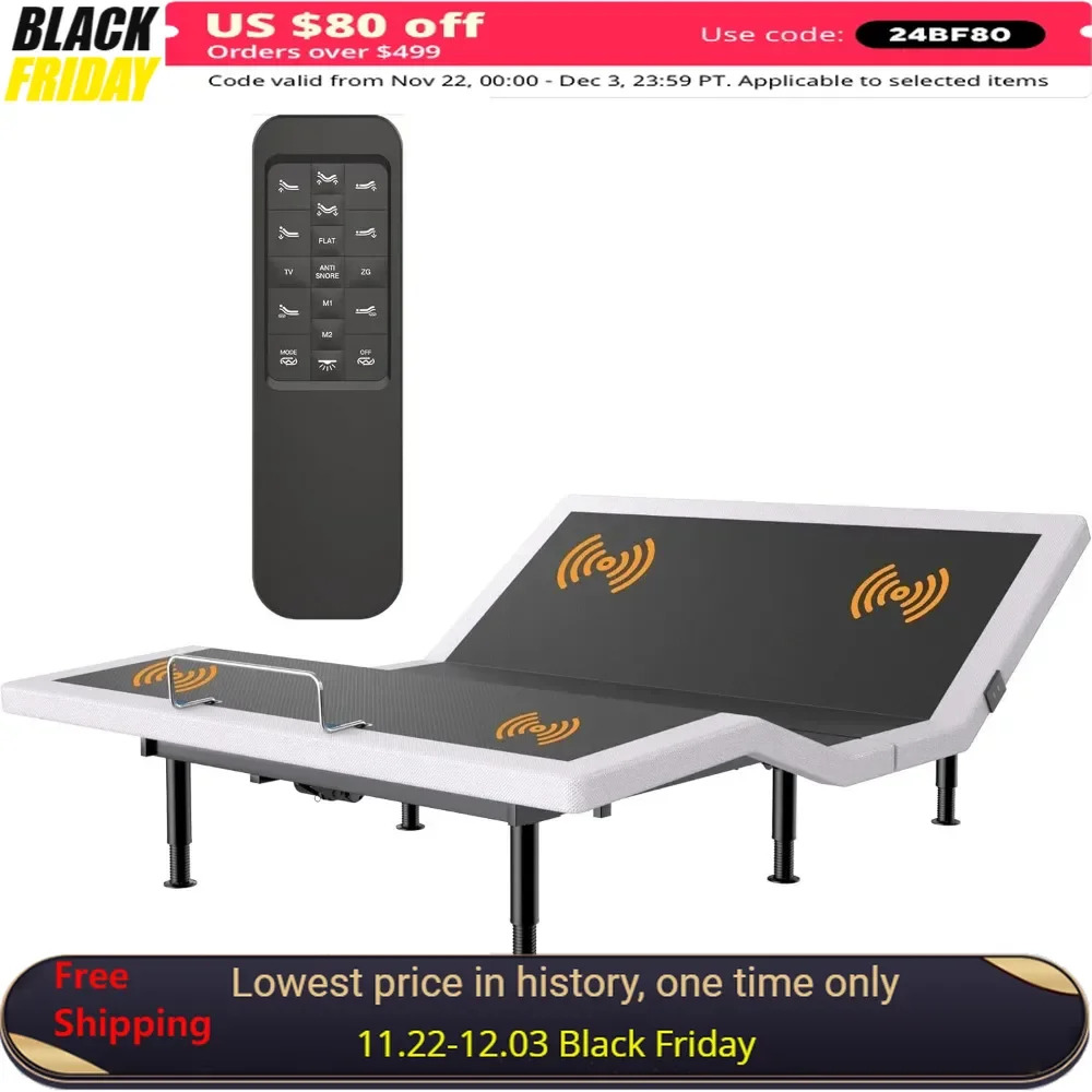 Electric Full Adjustable Bed Frame with Massage，Wireless Remote，USB，Head Foot Incline，Underbed Light，Electric Bed Frame