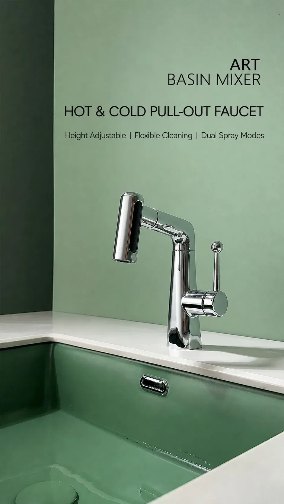 Pull Out Bathroom Sink Faucet, Height Adjustable 360° Swivel Dual Mode Hot Cold Brass Basin Mixer Tap with Sprayer