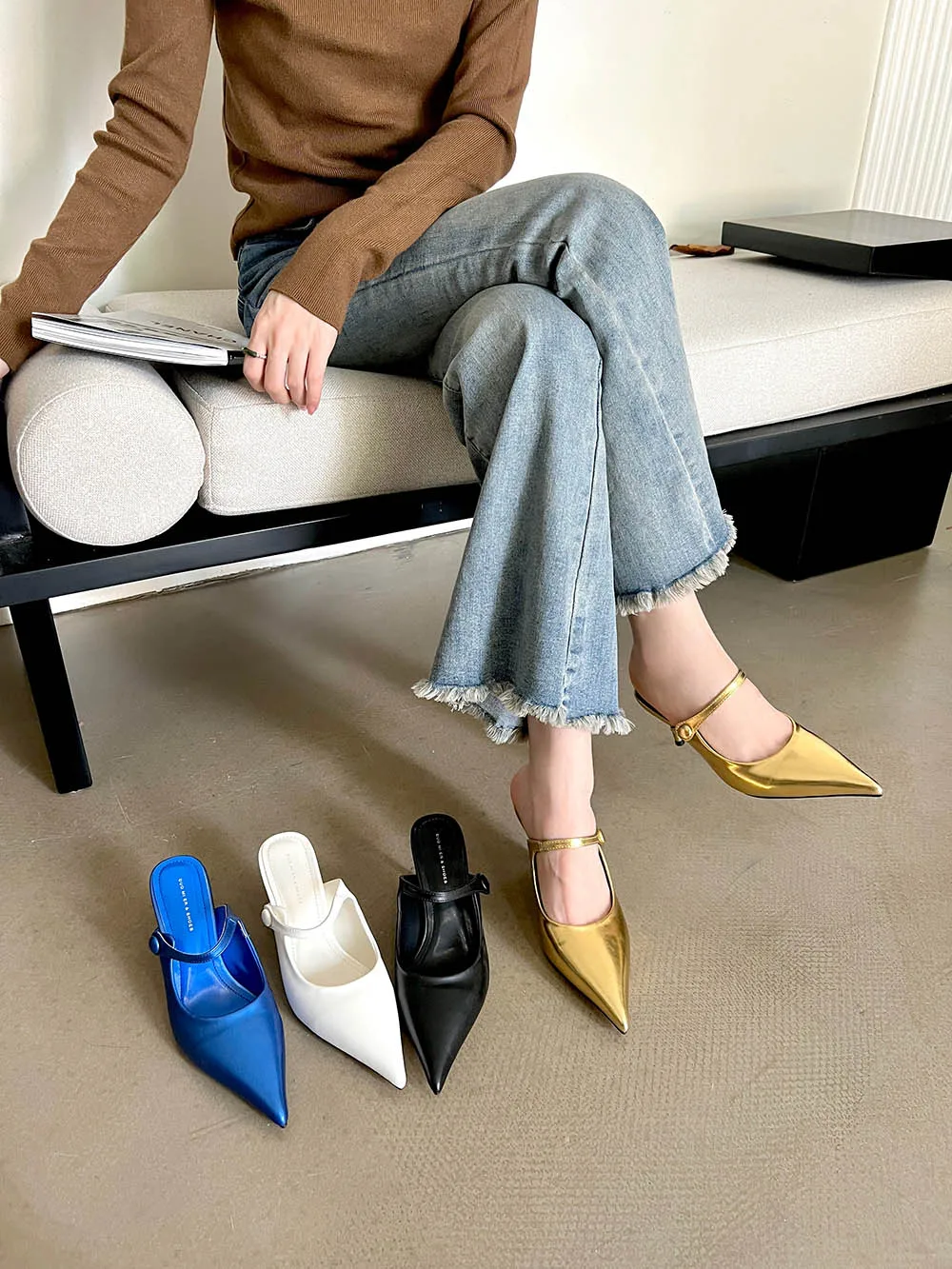 Casual Women Slides Slippers Fashion Pointed Toe Shallow Mules Shoes Thin High Heels Summer Outside Mules Shoes Size 35-39