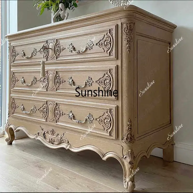 French country solid wood chest retro old hand carved three bucket cabinet