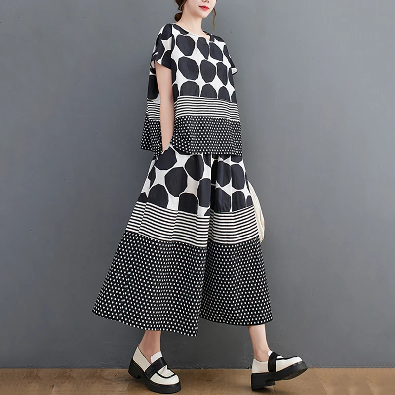 Oversized Vintage Print Loose 2 Two Piece Set Summer Short Sleeve Casual T Shirt Women T-shirt Fashion Clothing Skirt Suit 2026