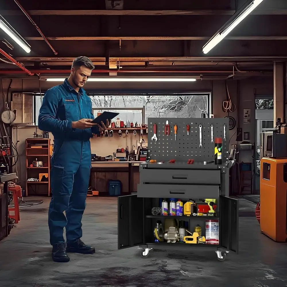 頑丈な35スチール製ワークベンチ、深い引き出し、ロック付きホイール、ペグボード、調整可能な棚付き、ガレージや作業場の収納に