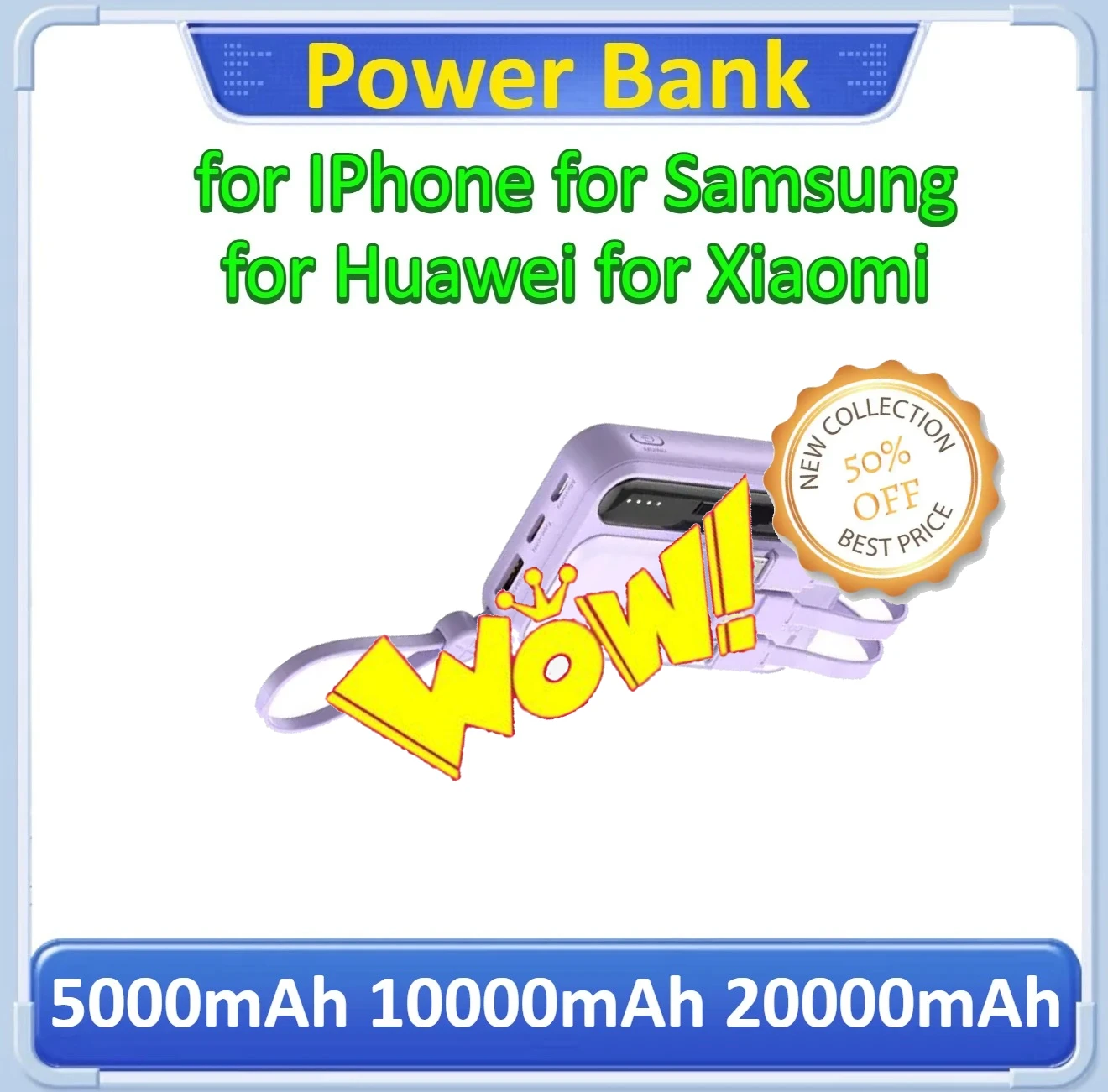 

Встроенные кабели, интеллектуальный цифровой дисплей, светодиодный светильник, быстрая зарядка, внешний аккумулятор для iPhone 5000 мАч, 10000 мАч, 20000 мАч