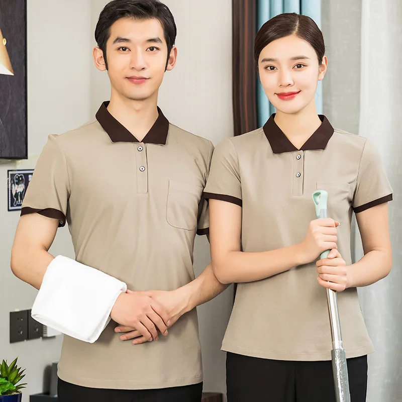 โรงแรม Workwear สำหรับ Logistics พนักงานฤดูร้อนบริการทำความสะอาดชุด Waiter แขนสั้น Overalls ทำความสะอาด Tops สำหรับ Unisex