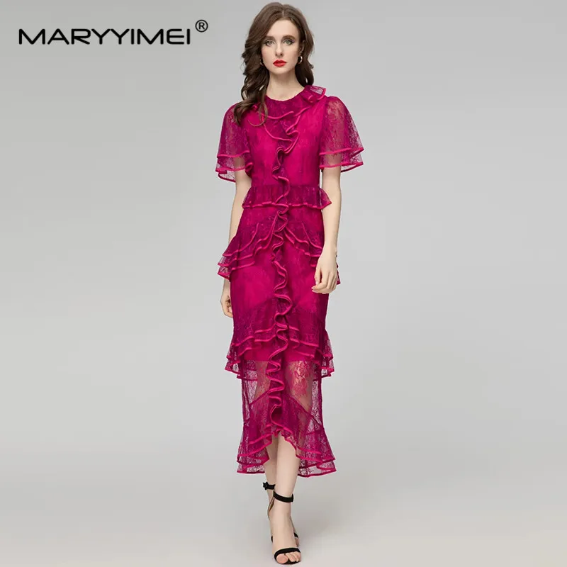 

MARYYIMEI New Fashion Runway Designer Women's Round Neck Short Sleeve Gauze Flounce Lace Slim Vintage Mid-Length Dress