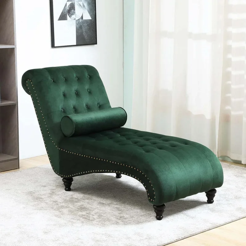 Velvet button-tufted chair lounge chair leisure chair W/bolster pillow, nailhead trim and turning legs for indoor Li