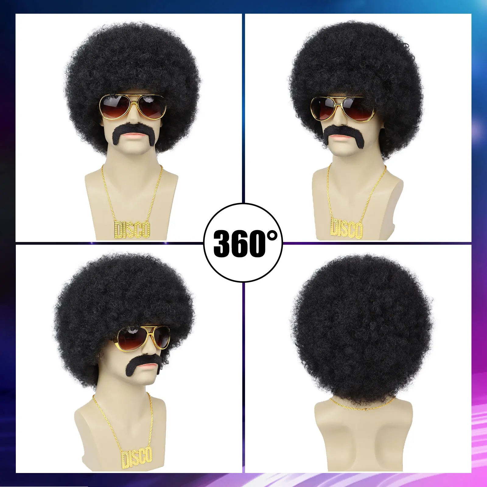 Mens Afro Wig for 70s Rocker Disco Party 5pcs Set Synthetic Afro Puff Wig for 70s 80s Halloween Costume Cosplay Party Use image 2