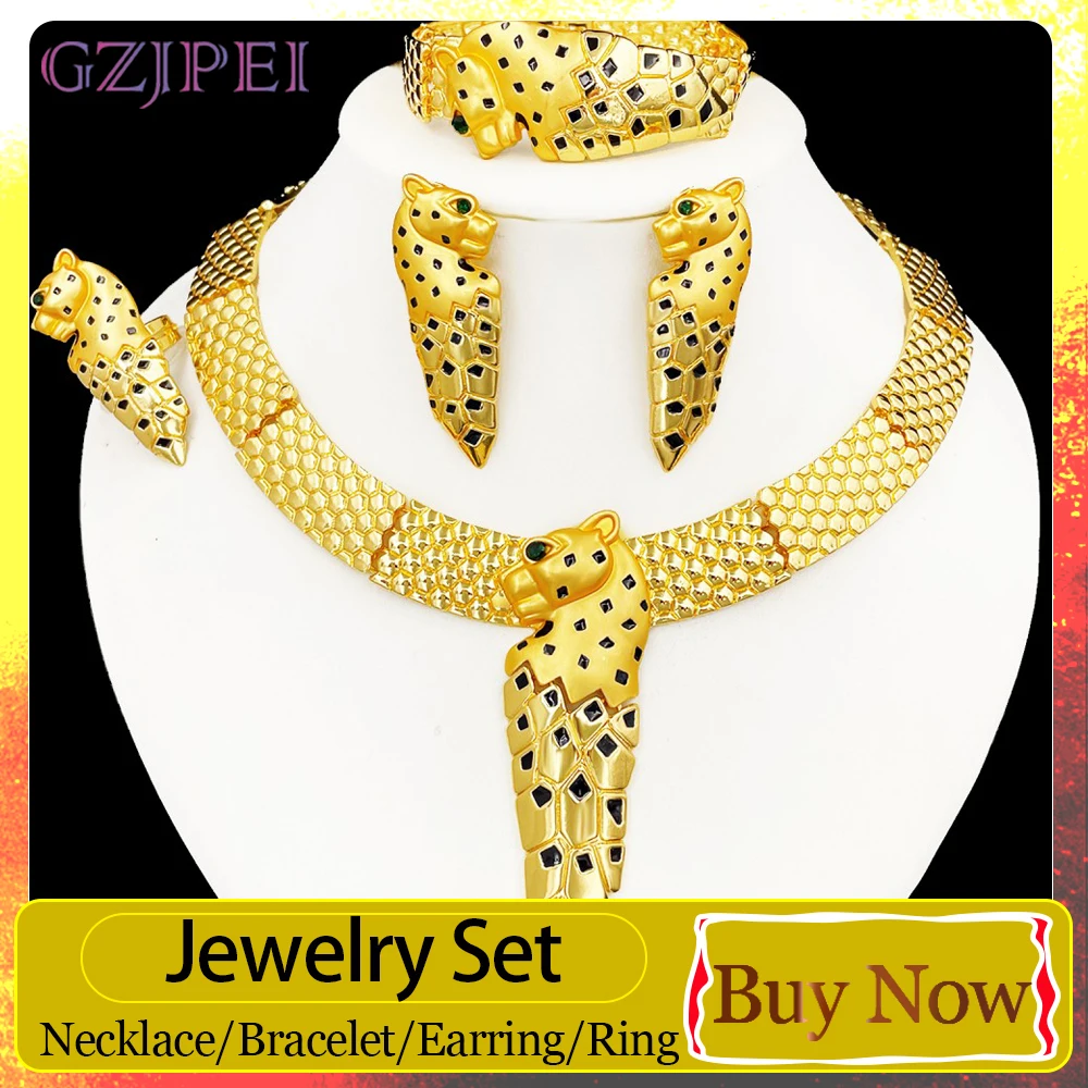 GZJPEI 18K Gold Plated Leopard Jewelry Set African Women Luxury Panther Statement Jewellery Wedding Party Accessories 2026 New