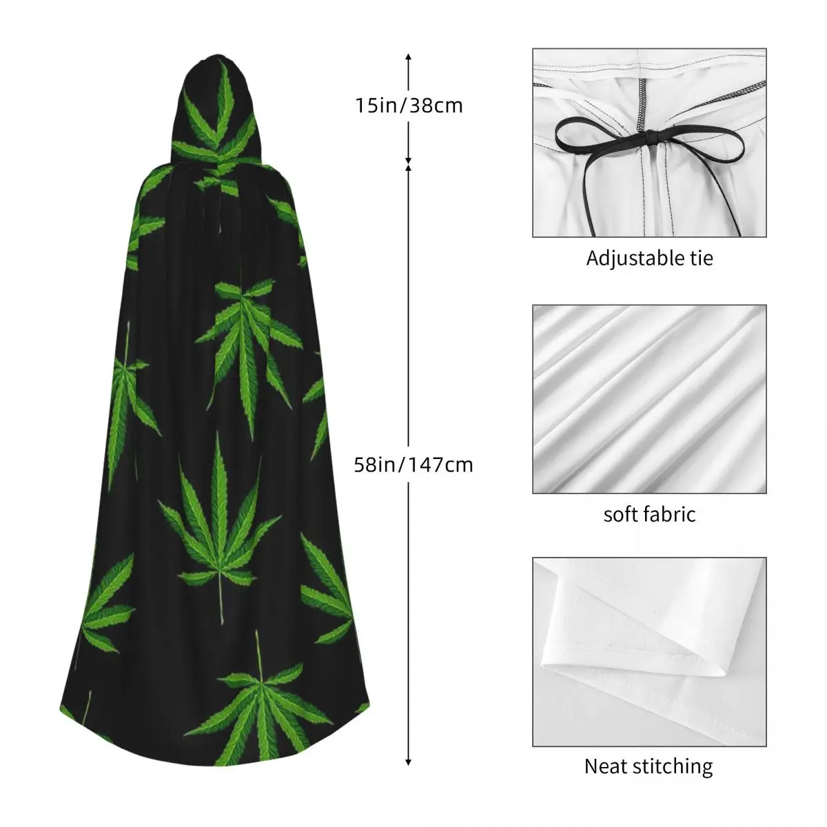 Green Fresh Cannabis Sativa Leaves Long Hooded Cloak Witch Medieval Costume Cosplay Cape HalloweenCoat Adult Unisex - view 3