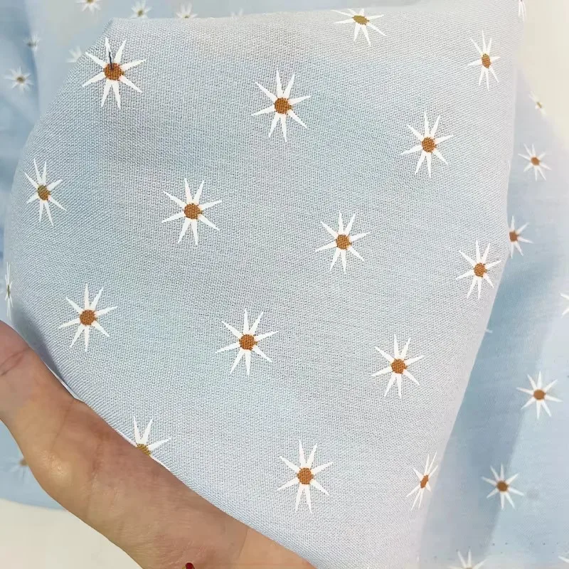 Redraspberry  210g Small sunflowers printed linen sky blue fabrics clothes Garment sewing materials Free shipping