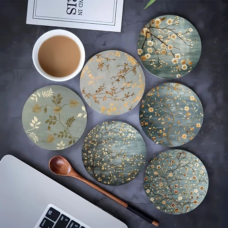 10CM 6PCS 2D Elegant Refreshing Wooden Coasters Coffee Shops Furniture Decorations Gift Sets Desktop Protection Heat Insulation
