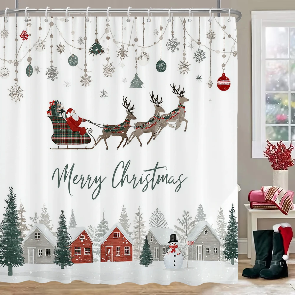 

Christmas Elk Shower Curtain With 12 Hooks for Bathroom, Reindeer Bath Curtain With Xmas Lamps, Deer Balls for Holiday Decor