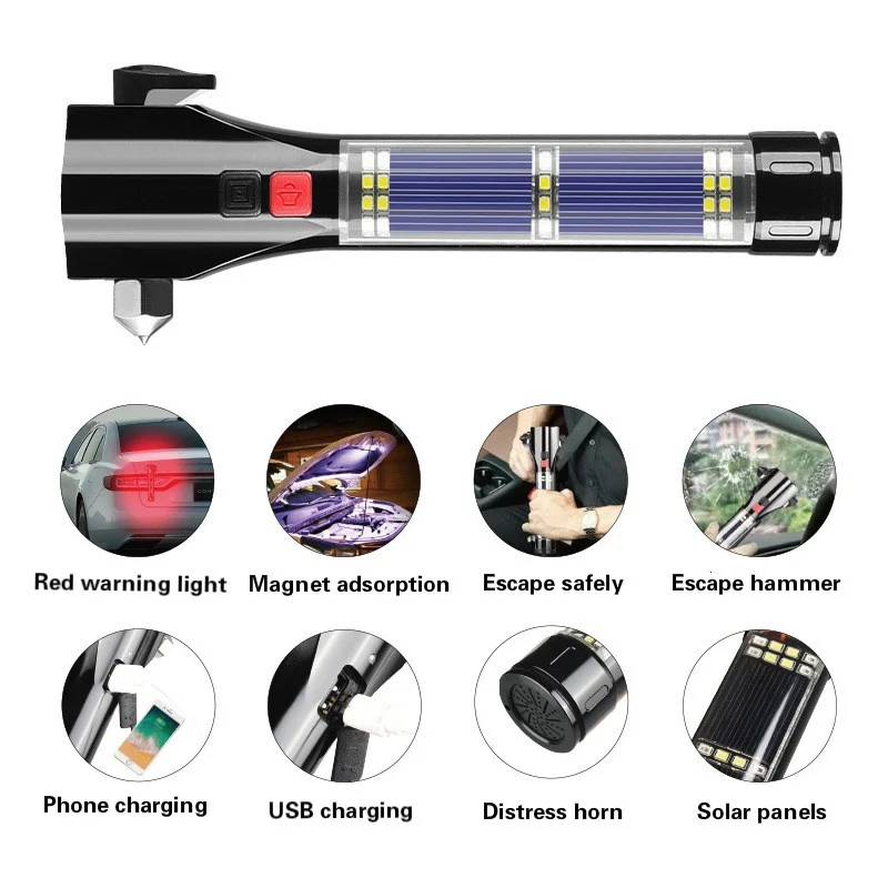 Multi-function USB Rechargeable Solar LED Flashlight Emergency Torch Safety Hammer Car Emergency Tool