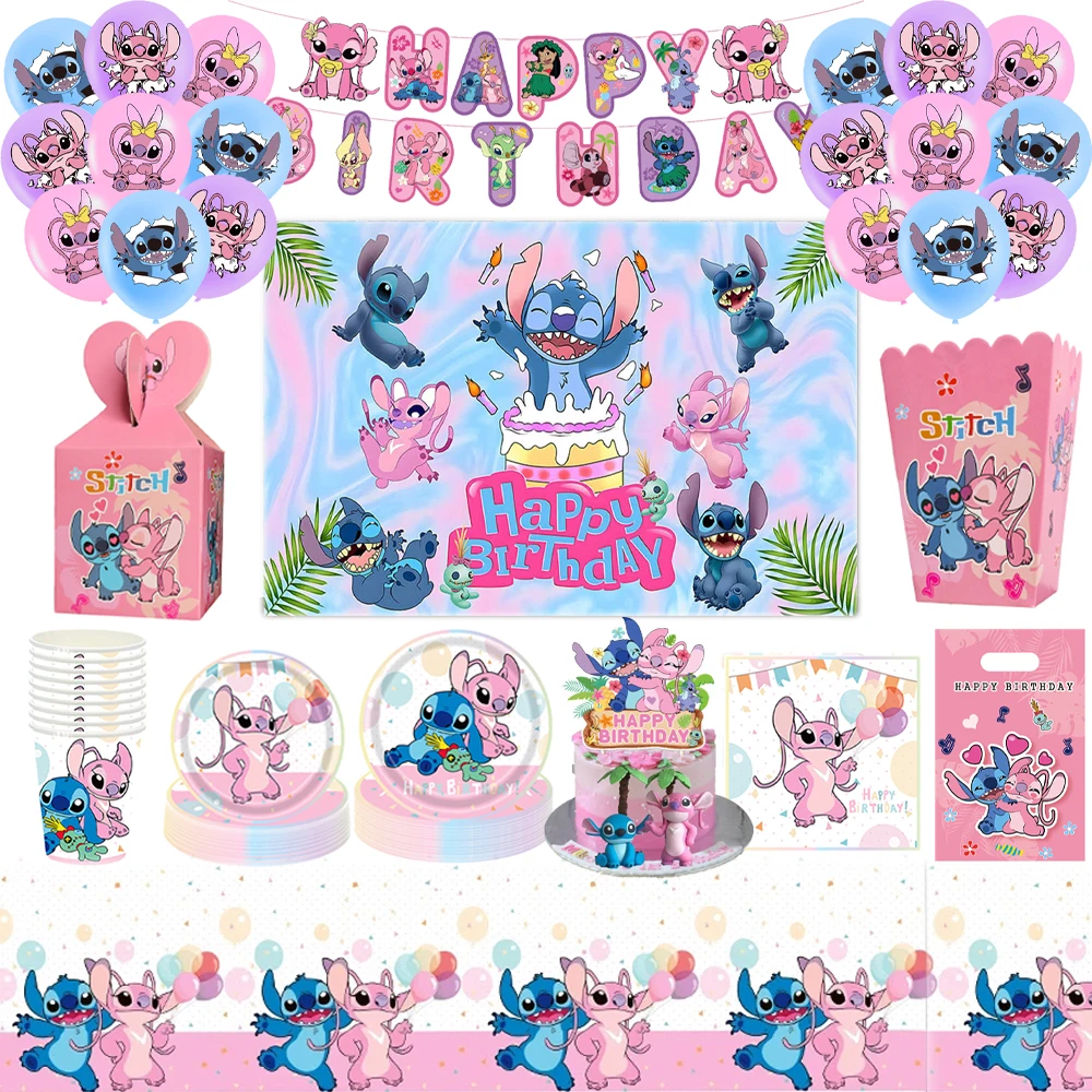 Disney Pink Lilo&Stitch Angel Birthday Party Disposable Paper Cup Plate Tablecloth Banner Balloons Girls Baby Shower Decoration