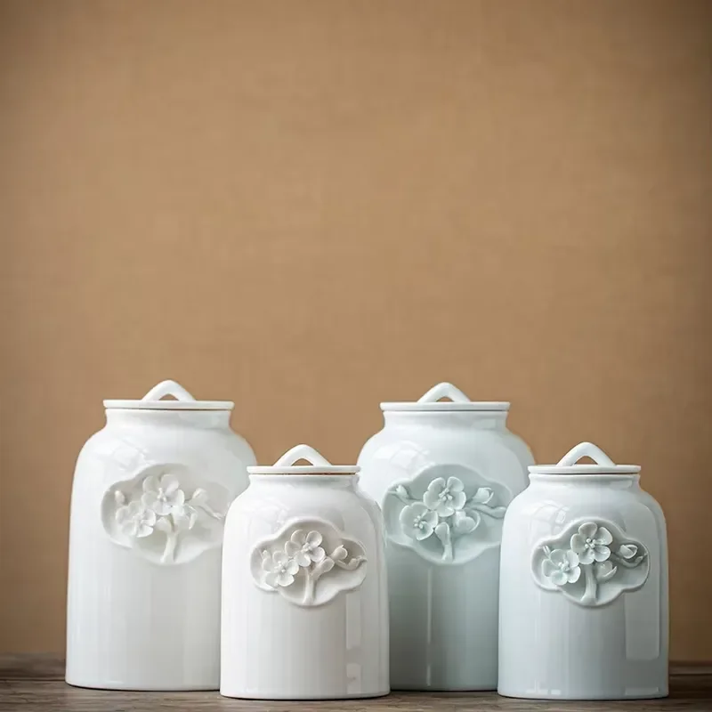【CHIMU HOME】 Handmade Plum Pot Porcelain Sealed Storage Canister Moisture-proof Caddy for All Types