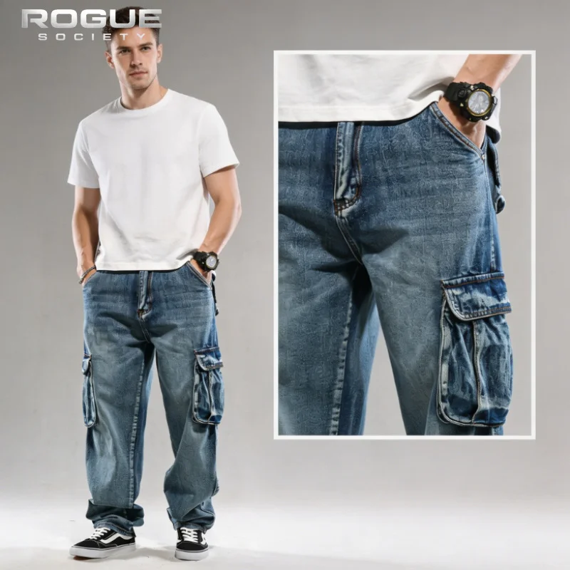 Harajuku Summer Unisex American Hip Hop Cargo Jeans Men Multi Pocket Baggy Big Size Denim Pants Streetwear Y2K Trousers Fashion