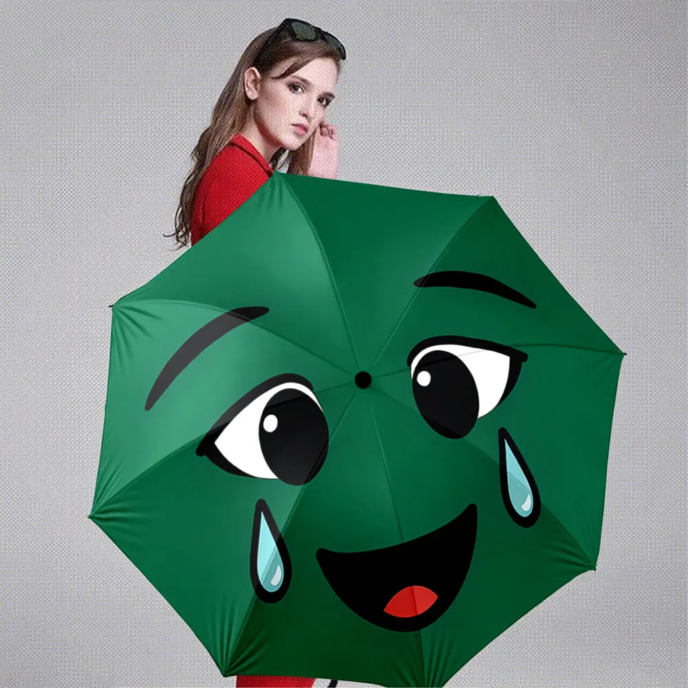 Green Circle Emoji Face with Tears and Smile Pattern Umbrella ,Portable Folding Umbrella, Gift for Family Friends