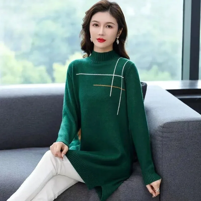 Musim gugur/musim dingin wanita Sweater Pullover Tinggi kasual serbaguna setengah kerah tinggi pertengahan panjang gaun rajut bawah kemeja wanita B601