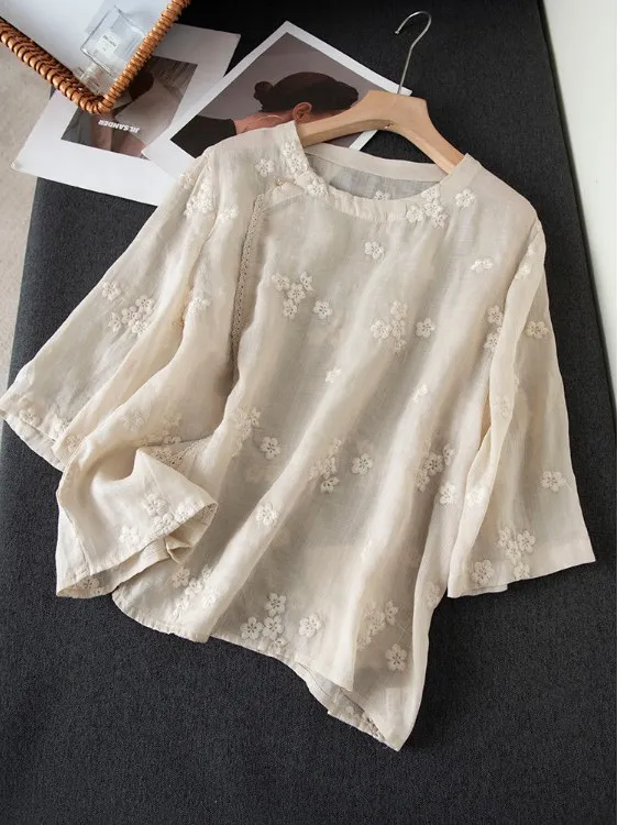 新しい中国風スレ快適な通気性のある刺繍入り麻素材のスベルカラーTシャツ女性用ビジネスカジュアルファッション