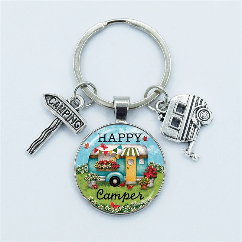 Cute Camper Wagon Keychain, I Love Camping Keychain, Trailer Signpost Keychain, Vacation Travel Memorial Jewelry Gifts