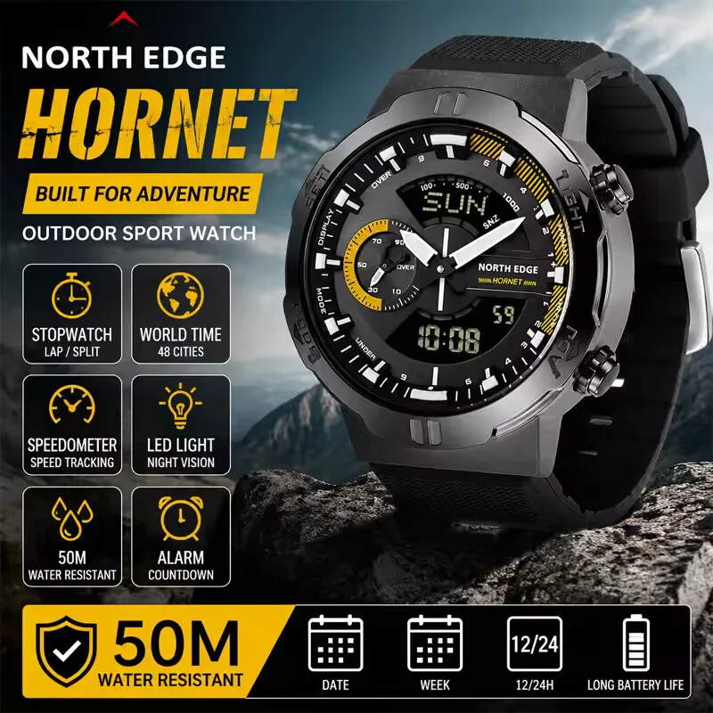 NORTH EDGE Men's Digital Watch World Time Clock Countdown Speed Stopwatch Male's Army Smartwatches Swimming Waterproof 50m 2027