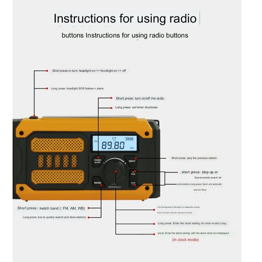 2000mAh Radio di emergenza solare AM FM NOAA Manovella Radio meteorologica portatile Torcia a LED N in 1 SOS Radio esterna da campeggio