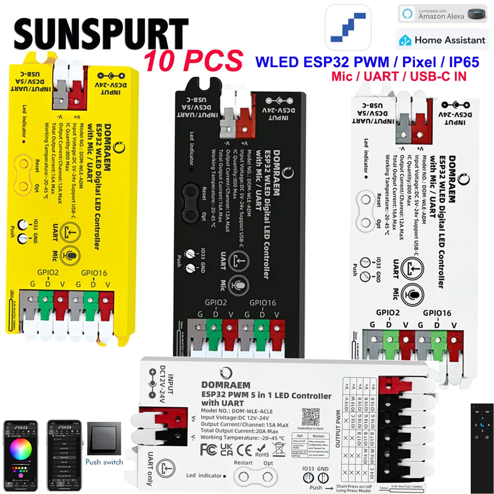 

1-10WLED ESP8266/ESP32 LED Controller PWM 5IN1 SPI RGB IC Digital Dynamic Lights For WS2811/2812/2812b/2815 SK6812 Strip DC5-24V