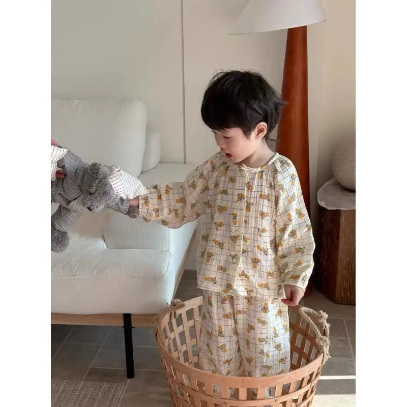 2025 Spring/summer Pajama Thin Baby Cartoon Cotton Gauze Home Clothes for Girls, Double Layered Thin Air Conditioning Clothing