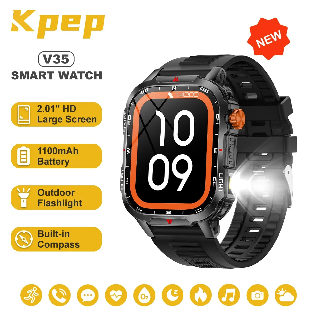 

Смарт-часы KPEP 1100 мАч, светодиодный фонарик, встроенный компас, монитор здоровья, 100 спортивных режимов, ответ/набор номера, умные часы для мужчин