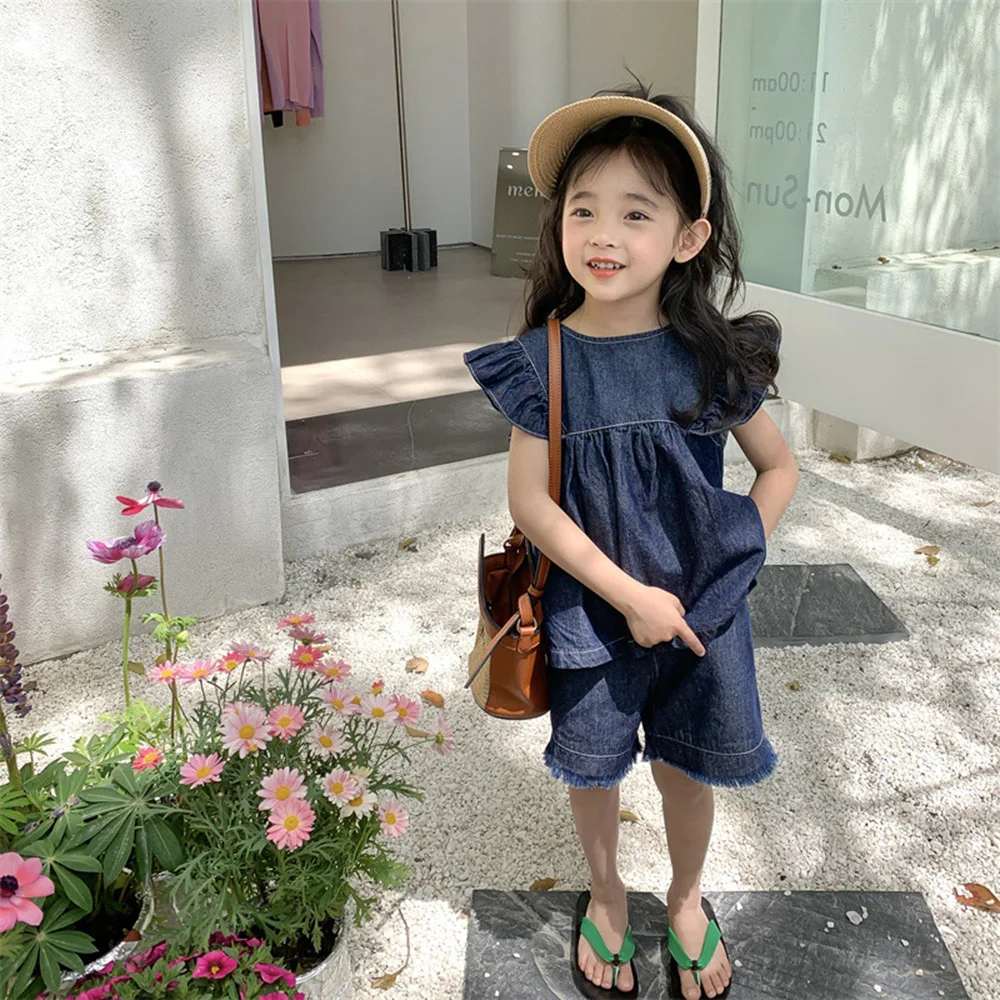 

Summer Children Clothes Sets Korean Style Ruffles Fly Sleeve Denim T-Shirts Baby Girls Tops+Shorts 2Pcs Casual Kids Suits 1-8Y