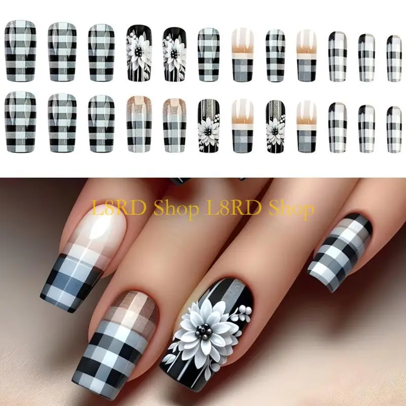 

L8RD 24 Pcs French Tip Press On Square False White Flowers On Checkerboard Artificial
