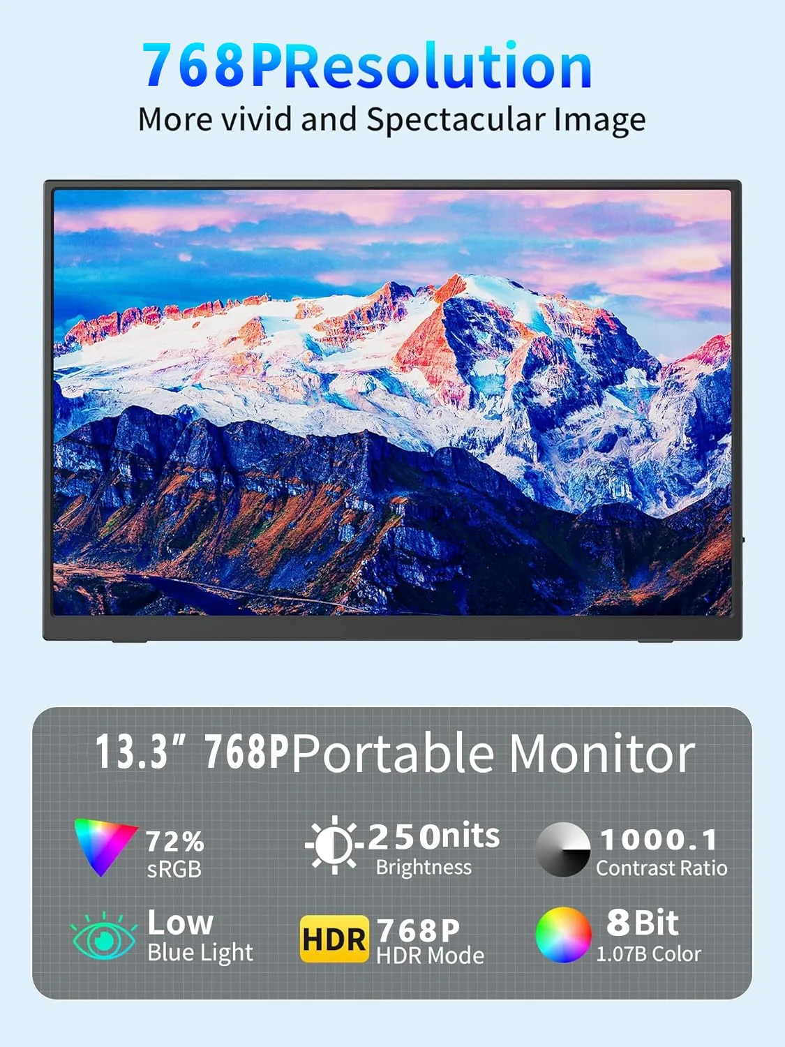 13.3 Inch Portable Monitor 1366×768 HD IPS 72% SRGB VESA Mountable External Secondary Display for Laptop PC Phone Game Console