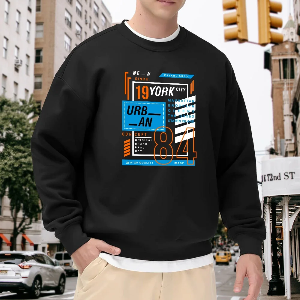 

Men's Black Crew Neck Loose Sweatshirt with New York City Print Design, Street Fashion Style, Versatile Top for Everyday Casual Wear, Comfortable and Breathable Polyester Fabric
