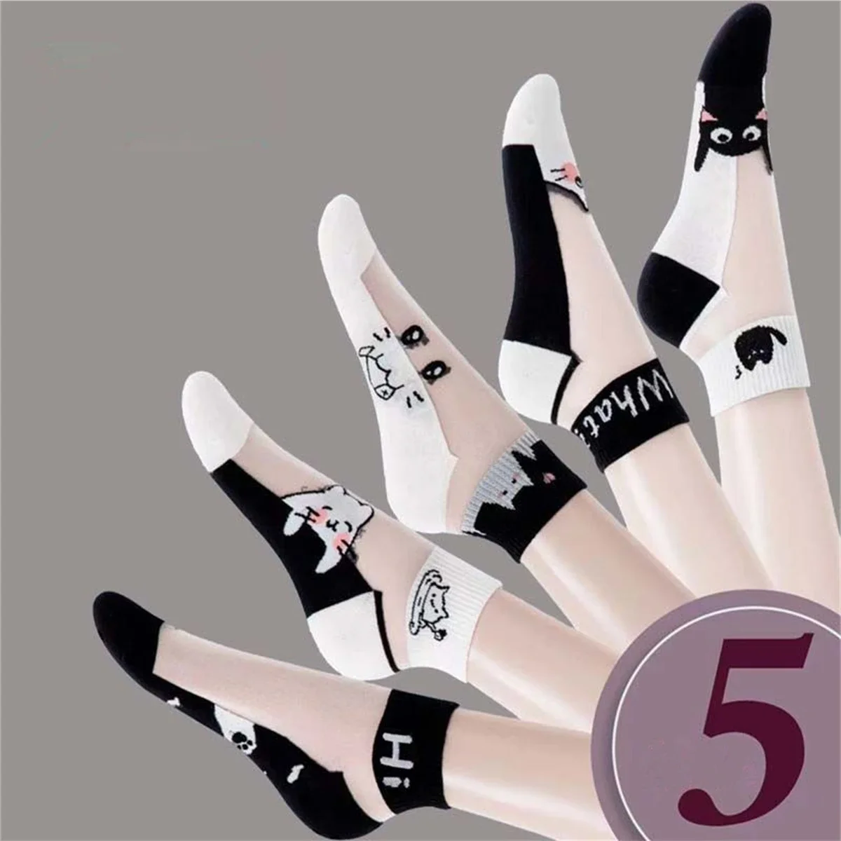 5Pairs/lot الجوارب الصيفية أبيض وأسود القط الزجاج الحرير تنفس الجوارب النسائية الجوارب القصيرة بسيطة