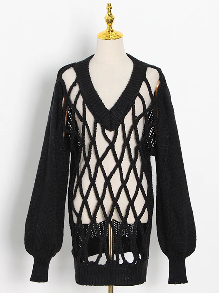 TWOTWINSTYLE Solid Casual Sweaters For Women V Neck Lantern Sleeve Hollow Out Loose Minimalist Pullover Sweater Female Fashion