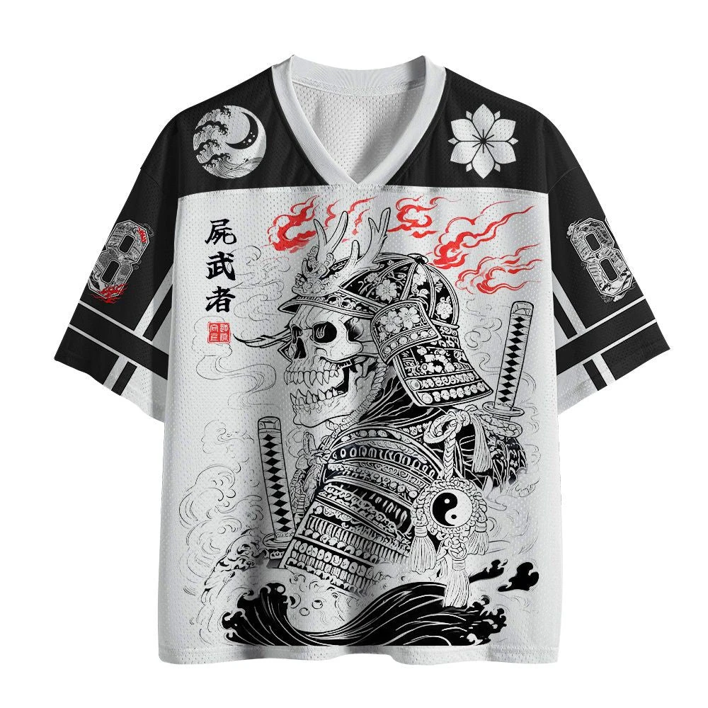Japanese Skull Samurai Pattern, Retro Ukiyo-e Cherry Blossom Wave Print V-neck Short-sleeved T-shirt, Street Style Loose Top.