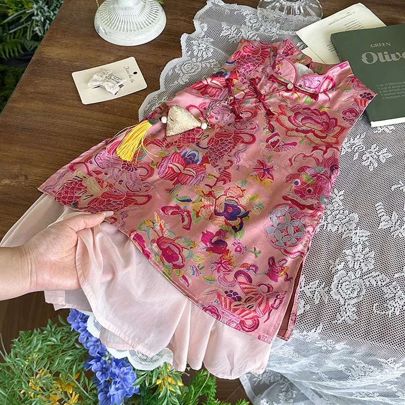 

Two Piece Set Girls Dress Summer 2025 New Trendy Children New Chinese Style Dress Kids Girls Cheongsam Dress Children Clothing