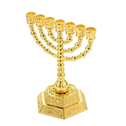 7-arms Candlestick Small Decor Jewish Shabbat Golden Candles Cups Holder Vintage Pattern Retro Religion Holidays Dinner Ornament