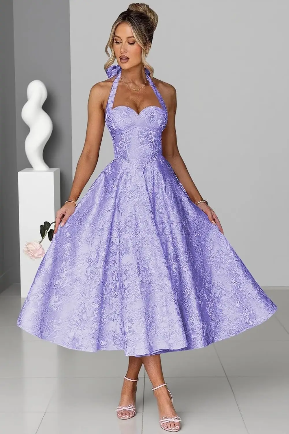

Homecoming Jacquard Satin Prom Dresses for Women Vintage A-Line Midi Halter Sweetheart Formal Evening Party Gowns with Pockets