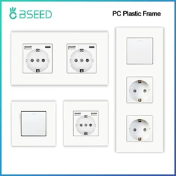 BSEED EU Mechanical Wall Light Switch With Wall Socket 1/2/3Gang 1Way Plastic Panel Double Sockets Triple Power Outlets 250V