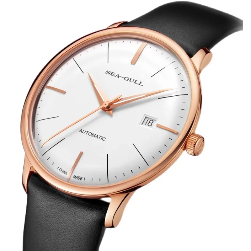 Seagull High End Luxury Men Wristwatch Minimalist Business Watch 40MM 18K Rose Gold Case Sapphire Watches Calfskin Strap 619.517
