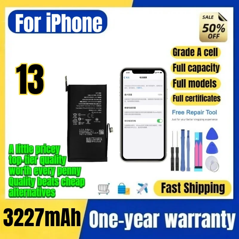 For IPhone 13 Phone Battery No Pop-up Interruptions Health 100% 0 Cycle High Quality Replacement Bateria Grade A Cell with Tools