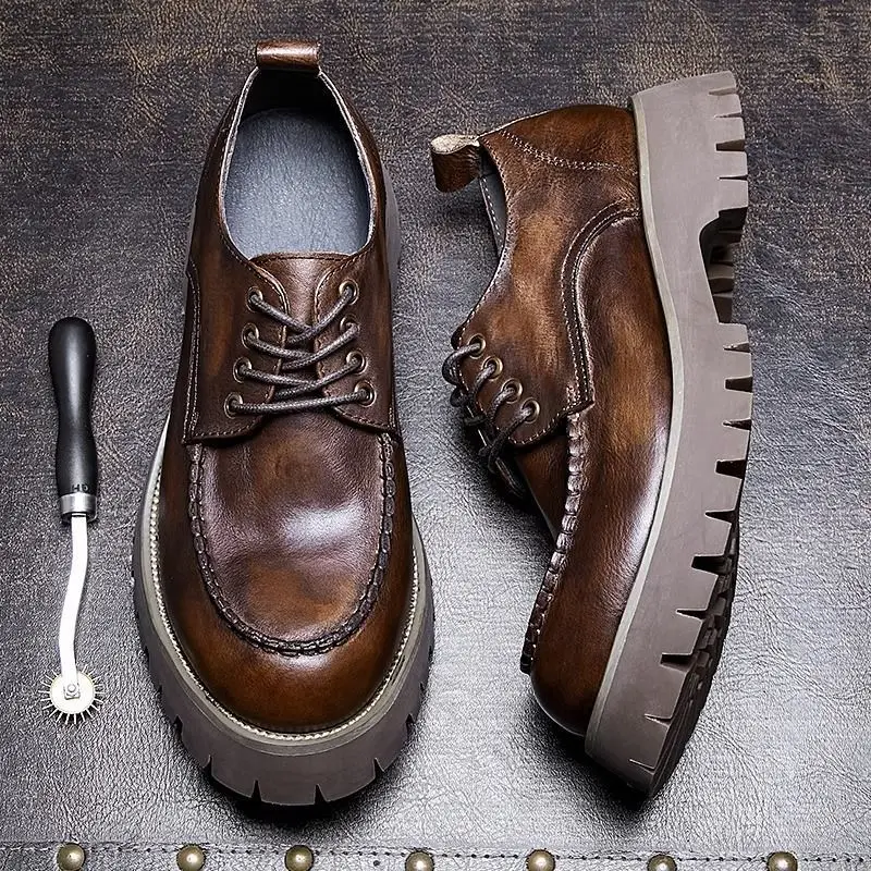 

2025 Autumn Large Leather British Style Retro Men's Low-top Thick-soled Work Casual Loafers Shoes