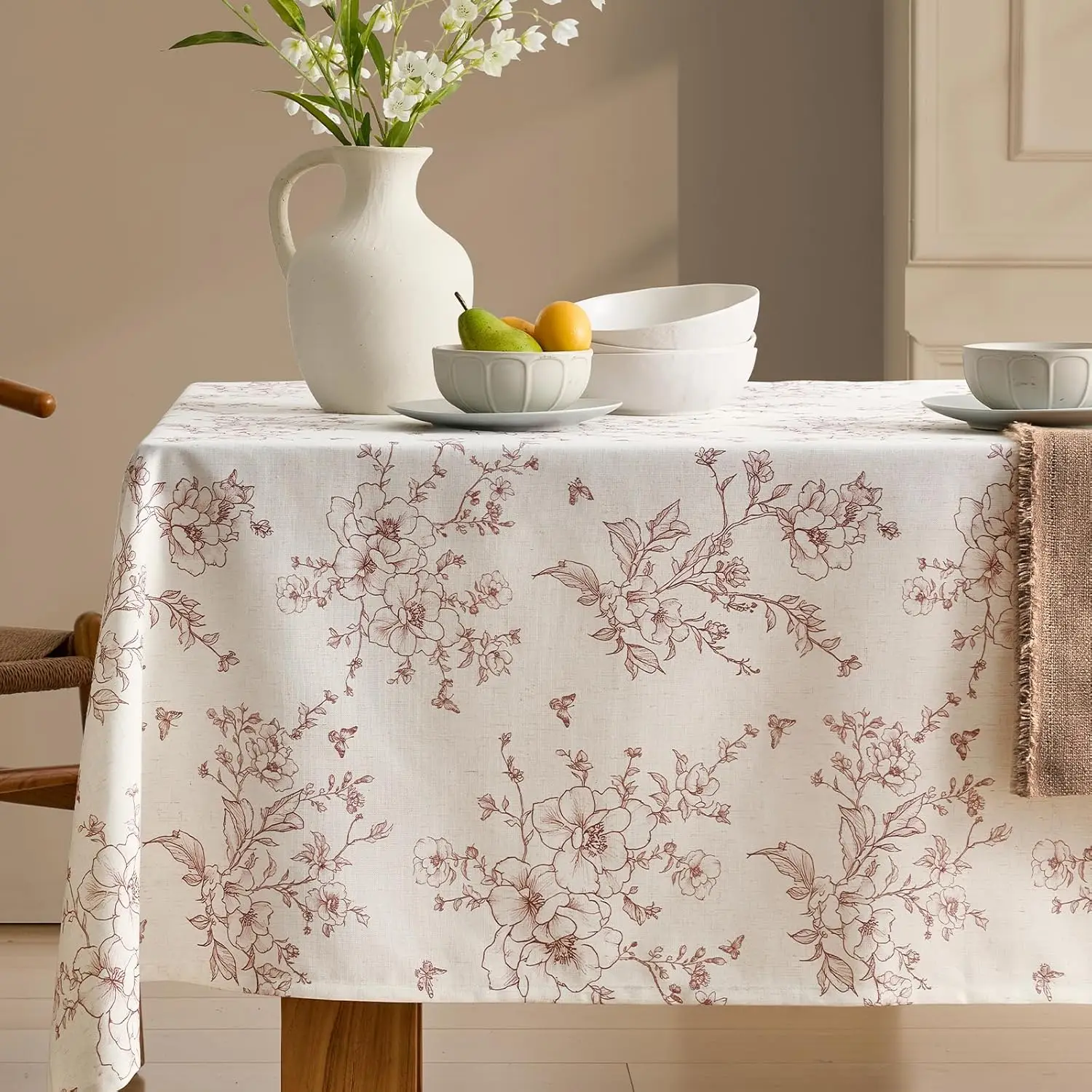 

French Linen Rectangle Tablecloth Floral Table Cloth with Brown Flowers Pattern Burlap Textured Farmhouse Vintage Rustic